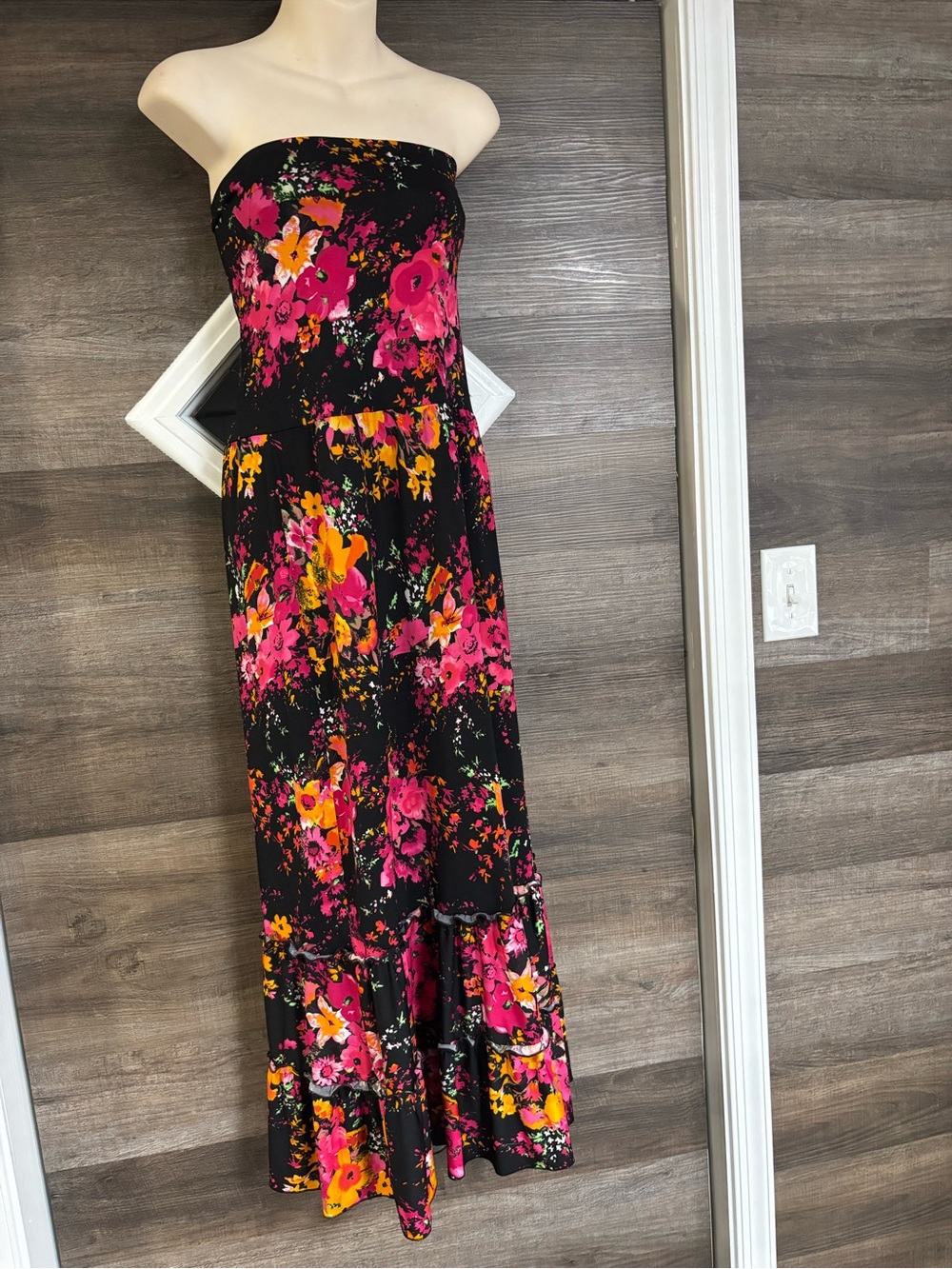 Strapless Black Maxi Dress with Pink & Yellow Floral Print